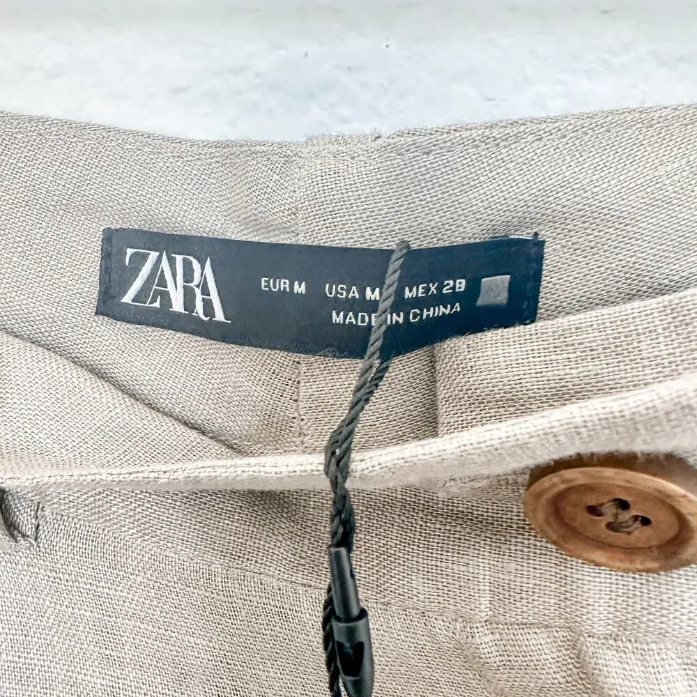 Zara Wide Leg Linen-Blend Pants in Taupe